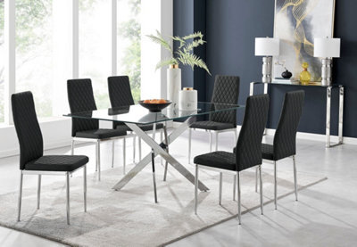 Furniturebox Leonardo 6 Seater Rectangular Glass Dining Table With Silver Metal Leg & 6 Black Milan Faux Leather Silver Leg Chairs - image 1