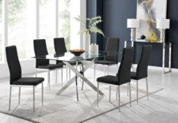 Furniturebox Leonardo 6 Seater Rectangular Glass Dining Table With Silver Metal Leg & 6 Black Milan Faux Leather Silver Leg Chairs
