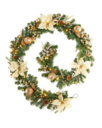 Werchristmas Cream And Gold Pre-Lit Decorated Garland 9 Ft - thumbnail 1