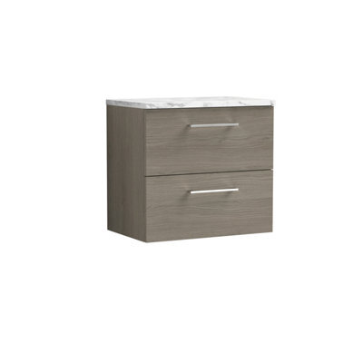 Nuie Arno Wall Hung 2-Drawer Modern Vanity Unit With Solace Oak Laminate Worktop, Stylish Counter Top Vanity Unit In Solace Oak - image 1
