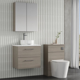 Nuie Arno Wall Hung 2-Drawer Modern Vanity Unit With Solace Oak Laminate Worktop, Stylish Counter Top Vanity Unit In Solace Oak - thumbnail 3