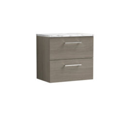 Nuie Arno Wall Hung 2-Drawer Modern Vanity Unit With Solace Oak Laminate Worktop, Stylish Counter Top Vanity Unit In Solace Oak - thumbnail 1