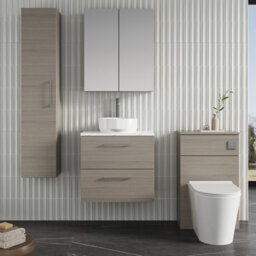 Nuie Arno Wall Hung 2-Drawer Modern Vanity Unit With Solace Oak Laminate Worktop, Stylish Counter Top Vanity Unit In Solace Oak - thumbnail 4