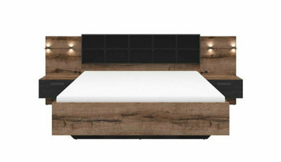 Impact Furniture Luxury King Size Bed Frame Padded Headboard Led Light Usb Usbc Chargers Bedside Cabinets Oak Black Euro Bed Kassel - image 1