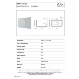 RAK Ceramics Rak Amethyst Large 1000X600mm Led Illuminated Bathroom Mirror With Touch Sensor, Demister & Shaving Socket, Ip44 - thumbnail 2