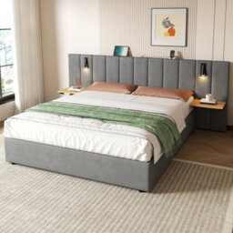 Abrihome 5Ft King Upholstered Storage Bed - Velvet Headboard, Hydraulic Lift, Charging Station & Reading Light, Grey (No Mattress) - thumbnail 2