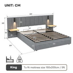 Abrihome 5Ft King Upholstered Storage Bed - Velvet Headboard, Hydraulic Lift, Charging Station & Reading Light, Grey (No Mattress) - thumbnail 3