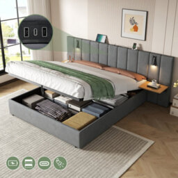 Abrihome 5Ft King Upholstered Storage Bed - Velvet Headboard, Hydraulic Lift, Charging Station & Reading Light, Grey (No Mattress) - thumbnail 6