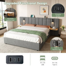 Abrihome 5Ft King Upholstered Storage Bed - Velvet Headboard, Hydraulic Lift, Charging Station & Reading Light, Grey (No Mattress) - thumbnail 7