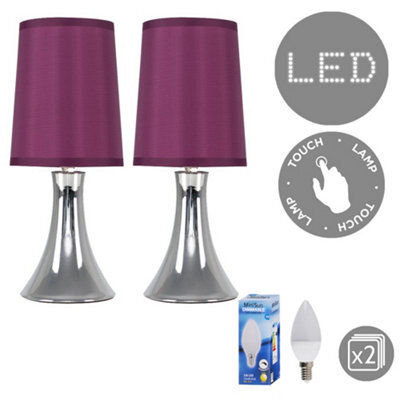 Valuelights Pair Of - Small Chrome Touch Table Lamps With Purple Fabric Shades With 5W Led Dimmable Candle Bulbs In Warm White - image 1