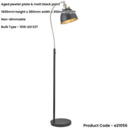 Loops 1600mm Floor Lamp - Aged Pewter & Matt Black Industrial Resto Adjustable - Standing Led Light Base & Shade - thumbnail 2