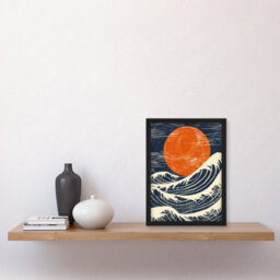 Artery8 Sun And Waves Japanese Style Orange Blue Seascape Poster Wall Art Print - A4 Size - thumbnail 2