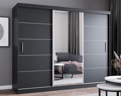 Fhif Dallas 250Cm Black Sliding Door Wardrobe Modern Bedroom Storage With Full Length Mirror Shelves And Hanging Rails - image 1