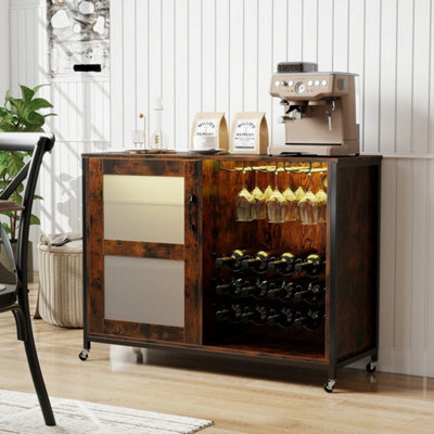 Wine Bar Cabinet Liquor Buffet Sideboard W/ Wheels Brown - image 1