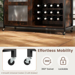 Wine Bar Cabinet Liquor Buffet Sideboard W/ Wheels Brown - thumbnail 4