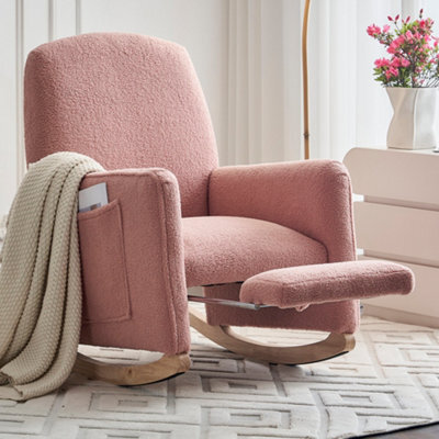 Abrihome Teddy Fabric Foam Upholstered Armchair Rocking Chair With Pull-Out Footrest, Pink - image 1