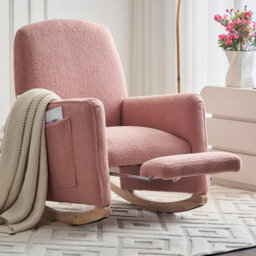 Abrihome Teddy Fabric Foam Upholstered Armchair Rocking Chair With Pull-Out Footrest, Pink - thumbnail 6