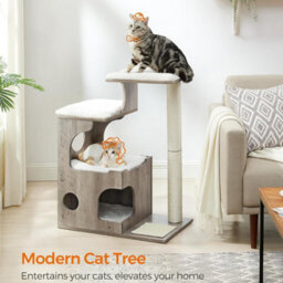 Woodywonders Cat Tree, Modern Cat Tower With Cat Cave, Scratching Post And Mat, Removable Washable, Greige And White