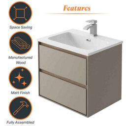 Plum&clay Norton Light Grey & Oak Wall Hung Vanity Unit & Basin Set Bathroom Furniture (W)600mm (H)530mm - thumbnail 5