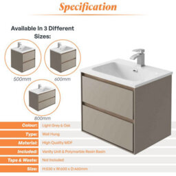 Plum&clay Norton Light Grey & Oak Wall Hung Vanity Unit & Basin Set Bathroom Furniture (W)600mm (H)530mm - thumbnail 4