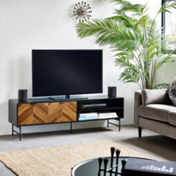 Oakham Premium Aldwick 65 Inch Tv Unit In Black And Natural Brown Wood - thumbnail 3