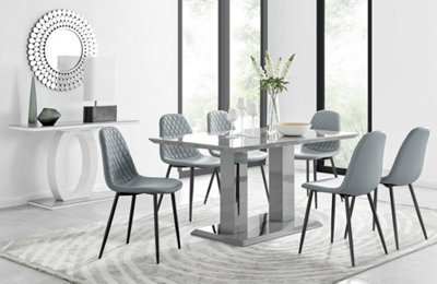 Furniturebox Imperia Grey High Gloss 6 Seater Dining Table With Structural 2 Plinth Column Legs 6 Grey Faux Leather Silver Leg Corona Chairs - image 1