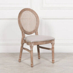 Stackable French Style Bergere Wooden Dining Chair Linen Upholstery Rattan Back - thumbnail 1