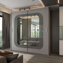 M N Furniture Ltd Wardrobe With Led Light, Sliding Mirror Doors, Shelves, Hanging Rails - Modern Bedroom Cabinet (Grey,203Cm) - thumbnail 1