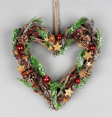 35Cm Pre Lit Heart Wreath Shatchi Wooden Twig Base Christmas Hanging Decoration - image 1