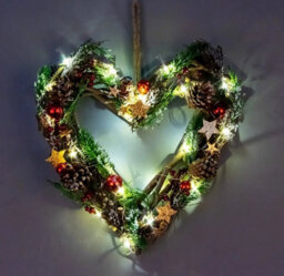 35Cm Pre Lit Heart Wreath Shatchi Wooden Twig Base Christmas Hanging Decoration - thumbnail 3