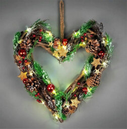 35Cm Pre Lit Heart Wreath Shatchi Wooden Twig Base Christmas Hanging Decoration - thumbnail 2