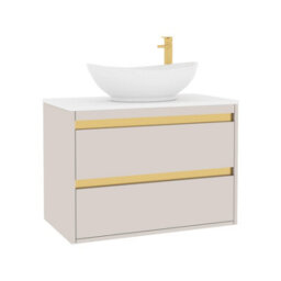Royal Bathrooms Orion 800mm Warm Taupe Wall Hung Plain White Countertop Vanity Unit 2 Drawer With Amaze Basin & Brushed Brass Accent Trim - thumbnail 6