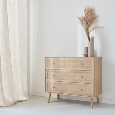 Sweeek - 3-Drawer Chest With Wood And Cane Effect Natural 90X39X79 Cm - Boheme - image 1