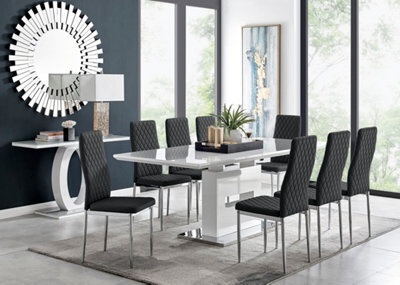 Furniturebox Arezzo White High Gloss Extending Dining Table & 8 Black Milan Faux Leather Dining Chairs - image 1