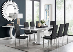 Furniturebox Arezzo White High Gloss Extending Dining Table & 8 Black Milan Faux Leather Dining Chairs - thumbnail 1