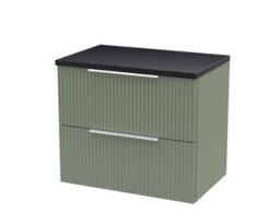 Hudson Reed Fluted Wall Hung 2-Drawer Vanity Unit & Black Laminate Worktop, Counter Top Vanity Unit In Satin Green, 600mm