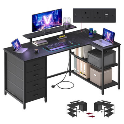 Vasagle L Shaped Corner Desk With 4 Drawers And Power Outlets, Computer Table With Monitor Stand, 140 X 80 X 90 Cm, Black - image 1
