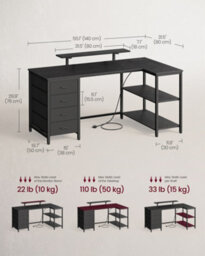 Vasagle L Shaped Corner Desk With 4 Drawers And Power Outlets, Computer Table With Monitor Stand, 140 X 80 X 90 Cm, Black - thumbnail 3