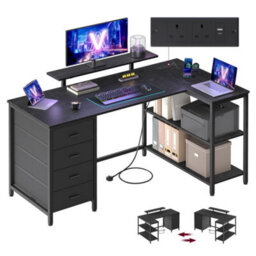 Vasagle L Shaped Corner Desk With 4 Drawers And Power Outlets, Computer Table With Monitor Stand, 140 X 80 X 90 Cm, Black
