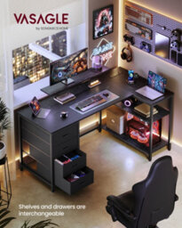 Vasagle L Shaped Corner Desk With 4 Drawers And Power Outlets, Computer Table With Monitor Stand, 140 X 80 X 90 Cm, Black - thumbnail 2