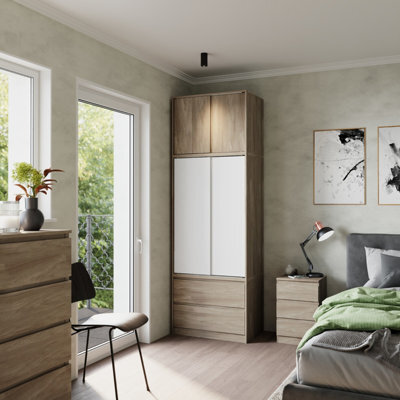 Urbn-Living Urbnliving 240Cm Stylish Sliding Door Wardrobe Bedroom Storage Oak Carcass White Doors - image 1