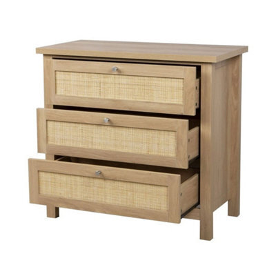 Chest Of Drawers, Oak Effect Wooden Dresser With Rattan Front, Bedside Cabinet - image 1