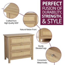 Chest Of Drawers, Oak Effect Wooden Dresser With Rattan Front, Bedside Cabinet - thumbnail 3