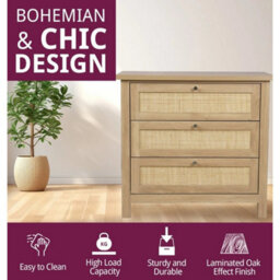 Chest Of Drawers, Oak Effect Wooden Dresser With Rattan Front, Bedside Cabinet - thumbnail 4