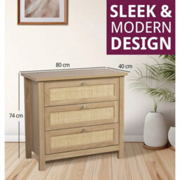 Chest Of Drawers, Oak Effect Wooden Dresser With Rattan Front, Bedside Cabinet - thumbnail 2