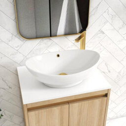 Royal Bathrooms Orion 600mm Natural Oak Floor Standing Plain White Countertop Vanity Unit 2 Door With Amaze Basin & Brushed Brass Accent Trim - thumbnail 5