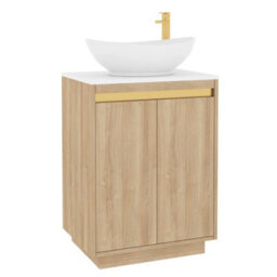 Royal Bathrooms Orion 600mm Natural Oak Floor Standing Plain White Countertop Vanity Unit 2 Door With Amaze Basin & Brushed Brass Accent Trim - thumbnail 6