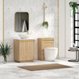 Royal Bathrooms Orion 600mm Natural Oak Floor Standing Plain White Countertop Vanity Unit 2 Door With Amaze Basin & Brushed Brass Accent Trim - thumbnail 3