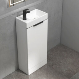 Royal Bathrooms Royal Bathroom Como 400mm Floor Standing Cloakroom Vanity Unit Ceramic Basin 1 Door Cabinet Gloss White With Matt Black Handle - thumbnail 6