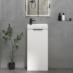 Royal Bathrooms Royal Bathroom Como 400mm Floor Standing Cloakroom Vanity Unit Ceramic Basin 1 Door Cabinet Gloss White With Matt Black Handle - thumbnail 1